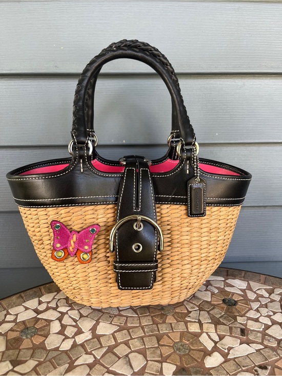 Coach Handbags - Coach Straw Tote with Black Leather Trim and Pink Accents